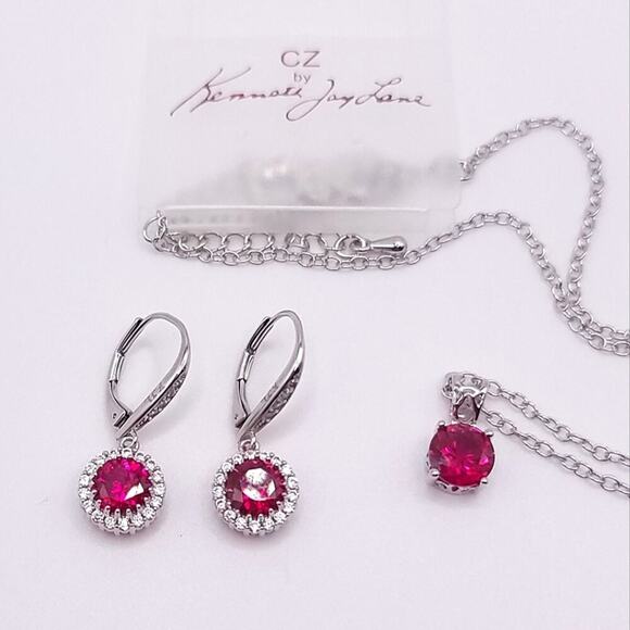 CZ By Kenneth Jay Lane Ruby Necklace and Drop Earring Set - Picture 6 of 11